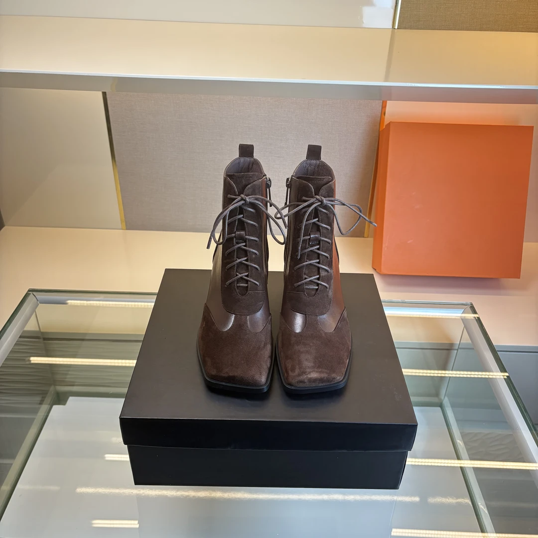 范戈希跟5cm牛羊猄方头秋粗跟侧拉链筒靴复古港风气质短靴买1赠3