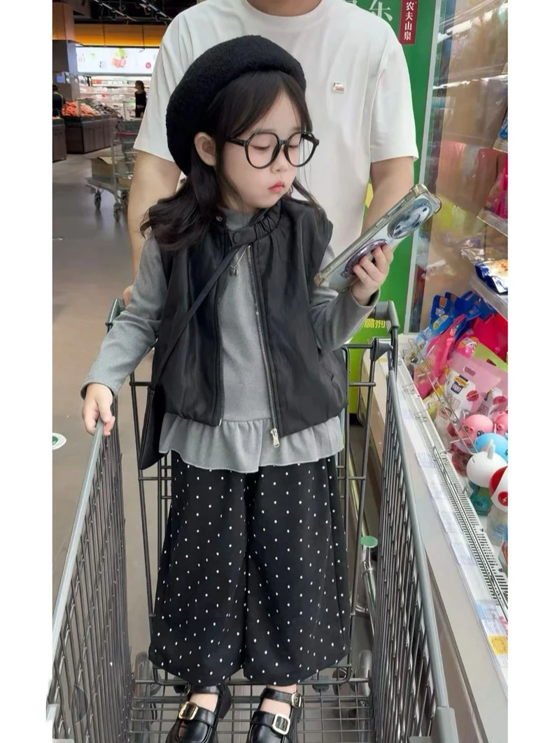 女童韩版纯色秋季套装2025洋气儿童时尚秋冬皮衣马甲洋气三件套潮