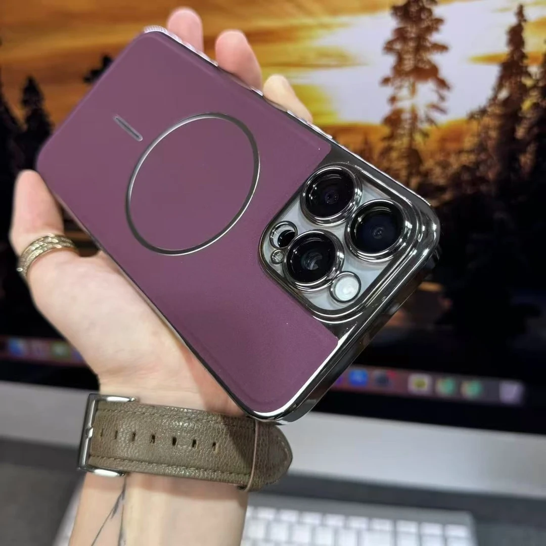 适用苹果16Promax手机壳金属漆15/14带镜头膜13皮纹M4银磁吸圈12