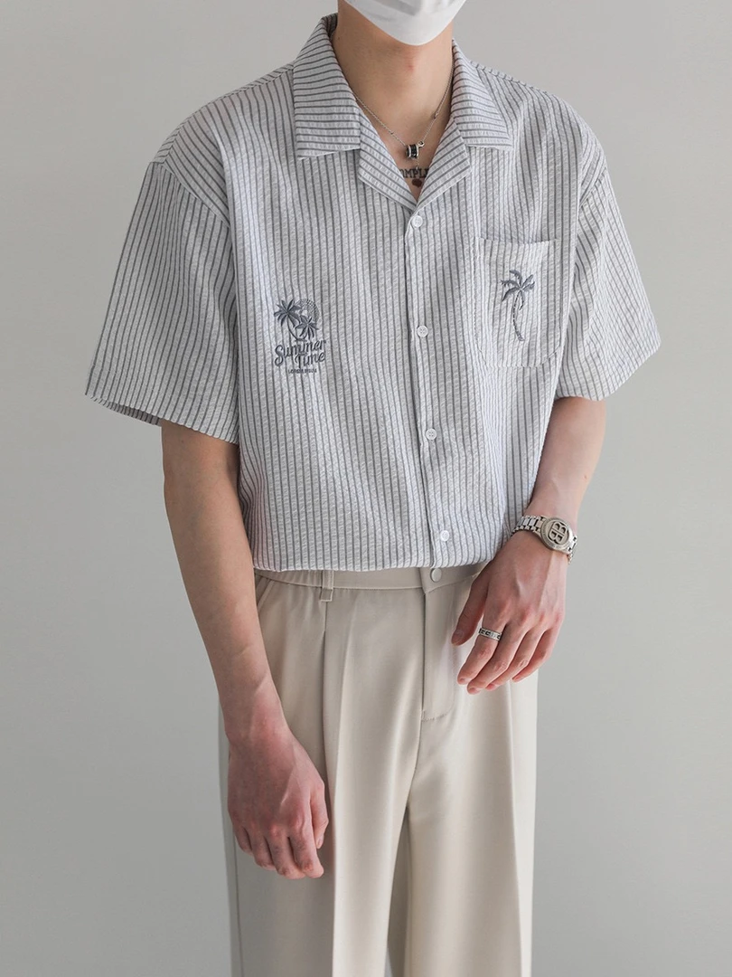 男女款古巴领刺绣条纹短袖衬衫夏季新款翻领休闲bf男友风情侣衬衣