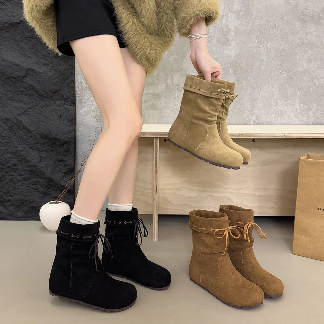 复古小众磨砂皮小短靴女2025新款秋冬季平底套筒马丁靴及踝靴短筒