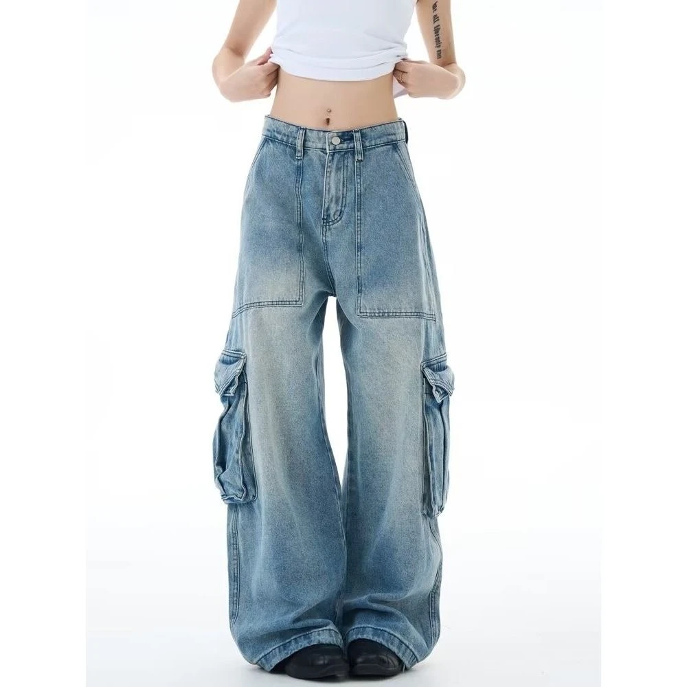 美式复古浅色弯刀工装牛仔裤男宽松多口袋水洗镰刀裤子女牛仔裤子