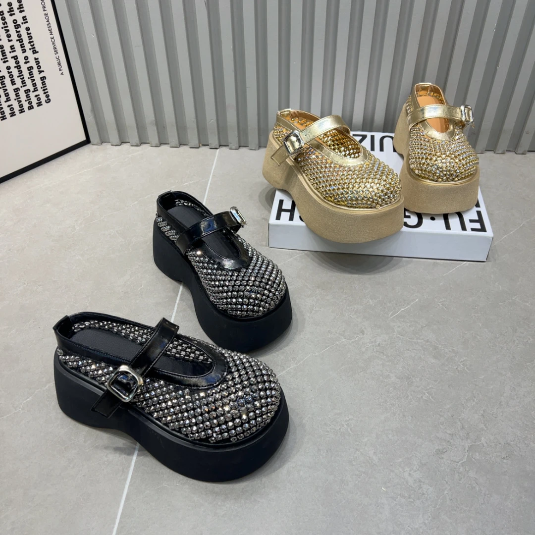 时尚百搭休闲潮拖两钻厚底夏季松糕底网面英伦风透气一字带洞洞