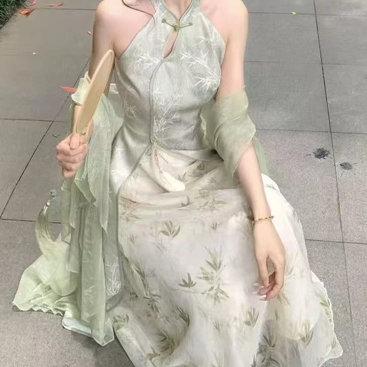 胖鑫推荐大码新中式禅意风轻国风改良无袖挂脖连衣裙9261