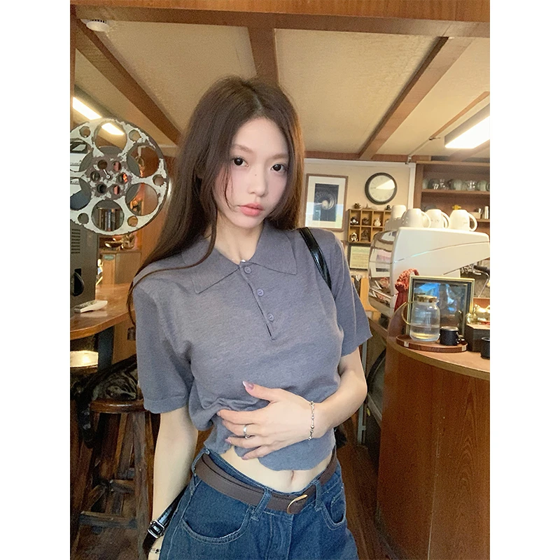 Moses Queen/魔西女王灰色polo领针织短袖t恤时髦凉感短款上衣