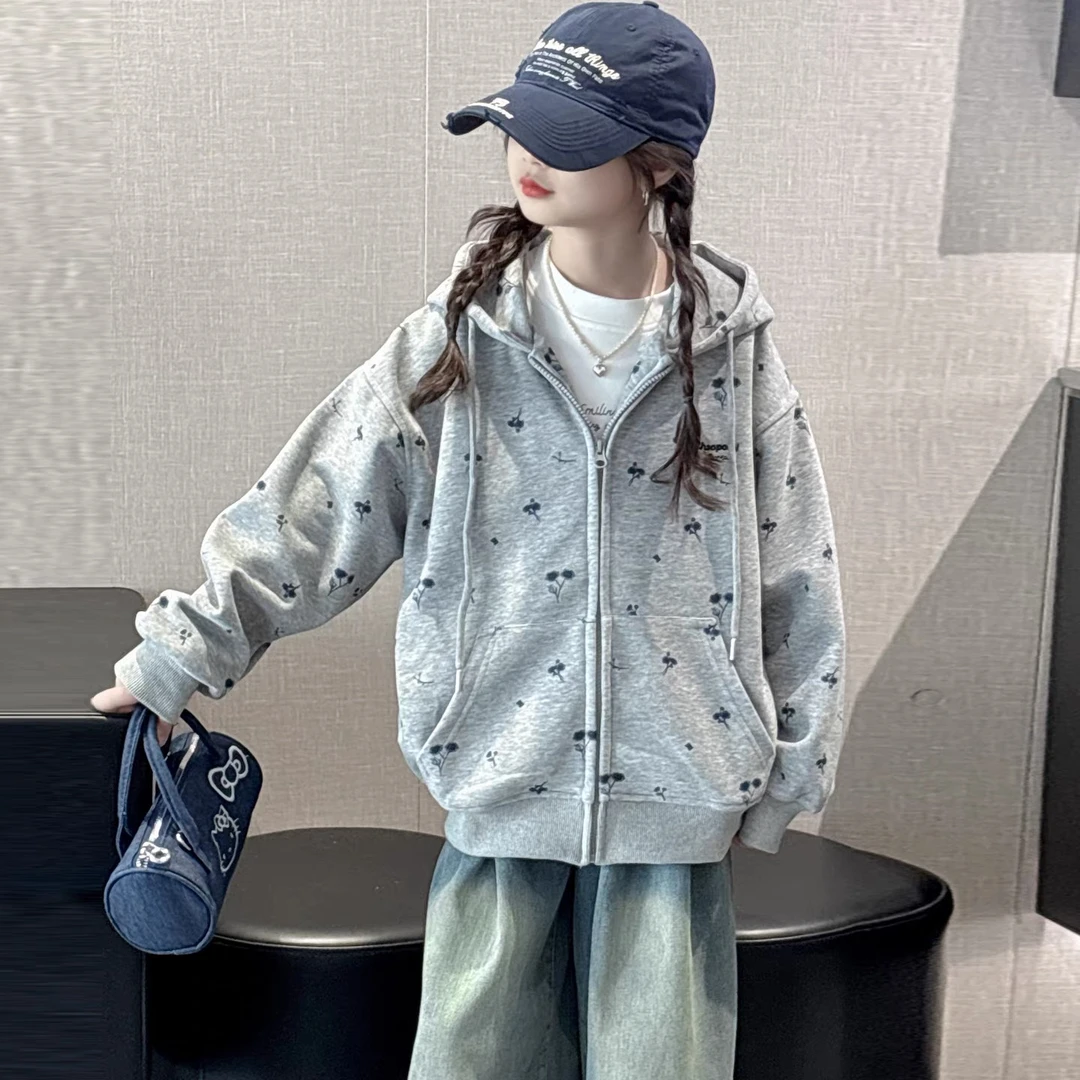 连帽卫衣女童2025冬季新款加绒印花复古中大童针织休闲卫衣16226