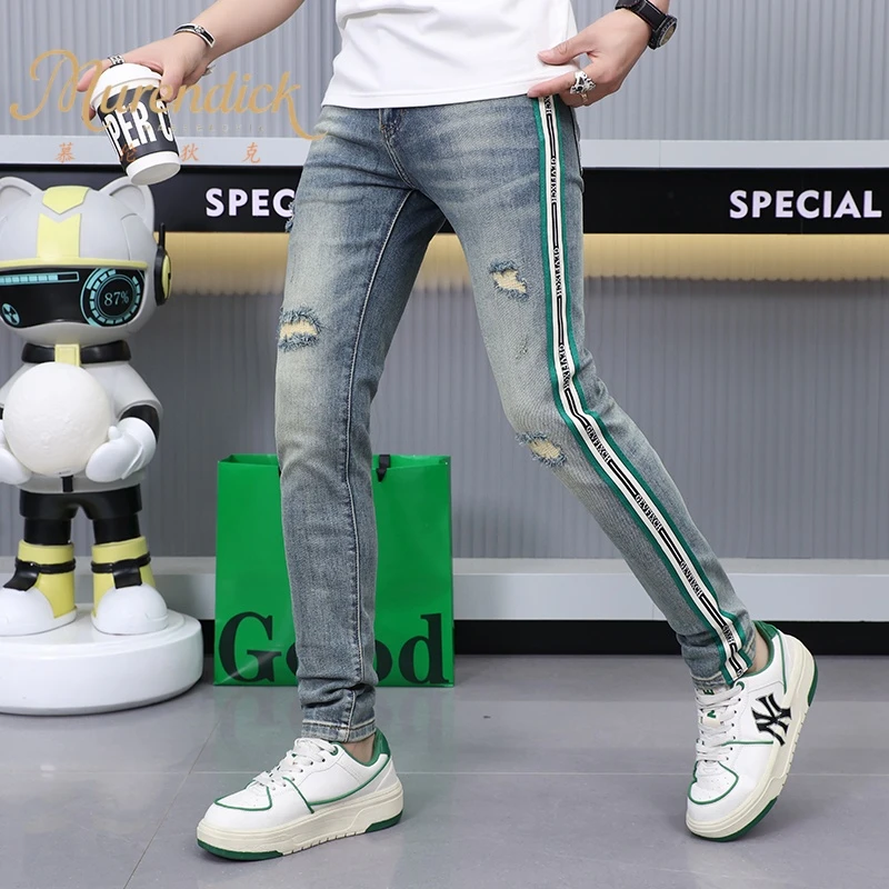 修身显瘦条纹牛仔裤男2025年夏季潮牌弹力小直筒破洞补丁九分裤子