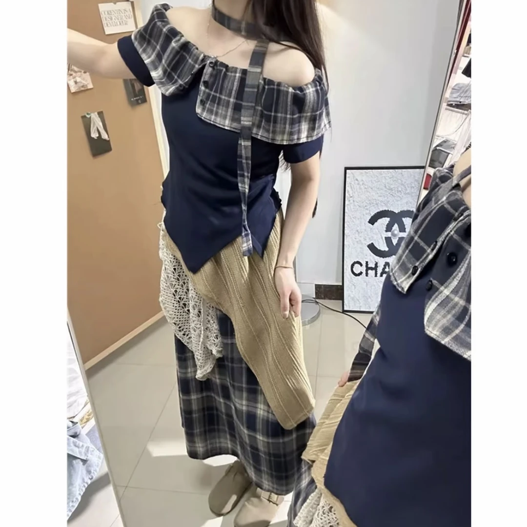 2025夏季新款韩版波西米亚民族一字肩格子飘带上衣拼接格纹设计感