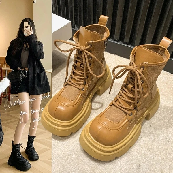 马丁靴2024秋冬新款圆头系带厚底小个子机车靴时尚百搭拉链短靴女