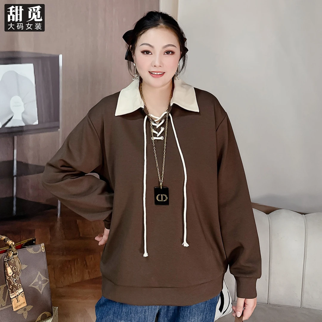 甜觅特大码女装2025秋季胖mm300斤绑带蝴蝶结中长款宽松翻领卫衣