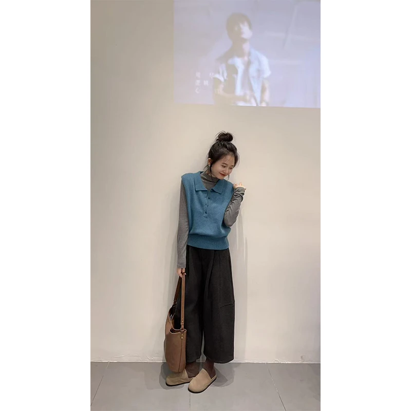 韩系简约休闲POLO领无袖百搭针织衫内搭打底衫女百搭宽松高腰裤子