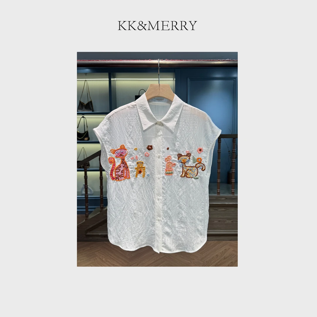 KK&MERRY休闲时尚百搭重工卡通刺绣宽松减龄无袖衬衫KDAC235