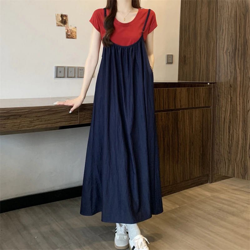 夏季新款大码洋气质显瘦减龄短袖T恤吊带裙两件套装裙子韩版