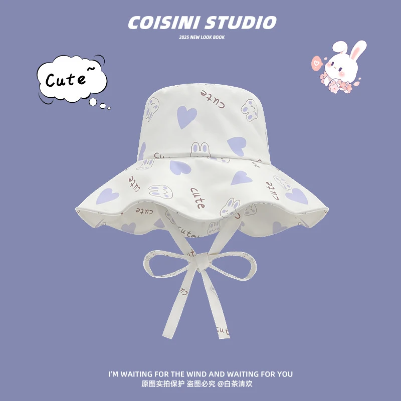 日系甜美兔子大帽檐防晒渔夫帽子女夏季百搭防紫外线太阳帽盆帽潮