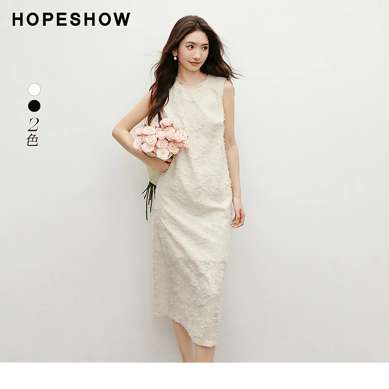 红袖2025夏季新款女装剪花肌理H型后拉圆领套头连衣裙90225061607