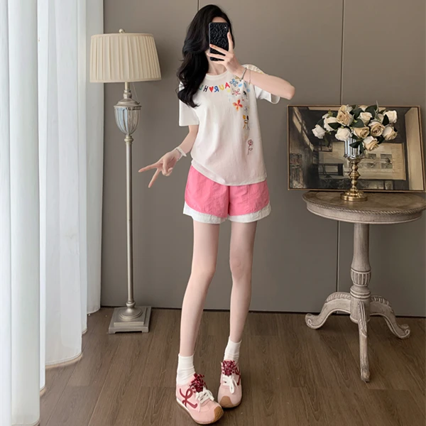 大码休闲风时尚套装运动短裤五分阔腿裤短袖薄款夏装印花韩版夏季