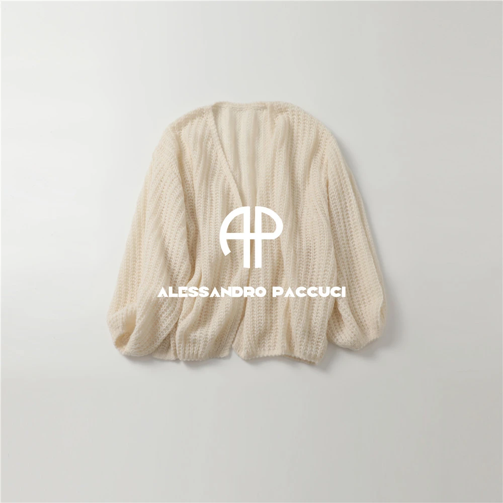 AP洛哥53139SK 山羊绒+桑蚕丝灯笼袖玉米目纯色时尚百搭开衫