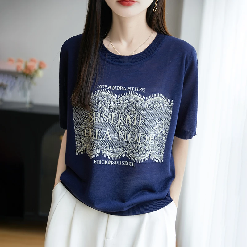 哥弟阿玛施正品夏季新款森系圆领印花字母洋气简约薄款针织短袖女