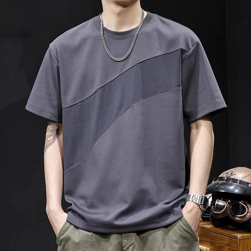提花拼接撞色短袖t恤男士潮流百搭大码夏季2025新款高端重磅体恤