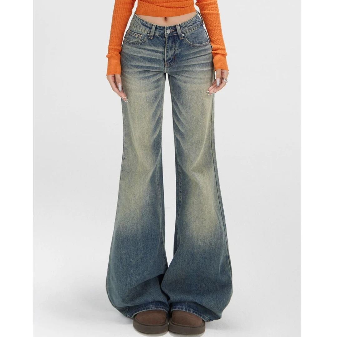 高个子加长美式复古辣妹微喇牛仔裤女宽松显瘦垂感百搭拖地喇叭裤