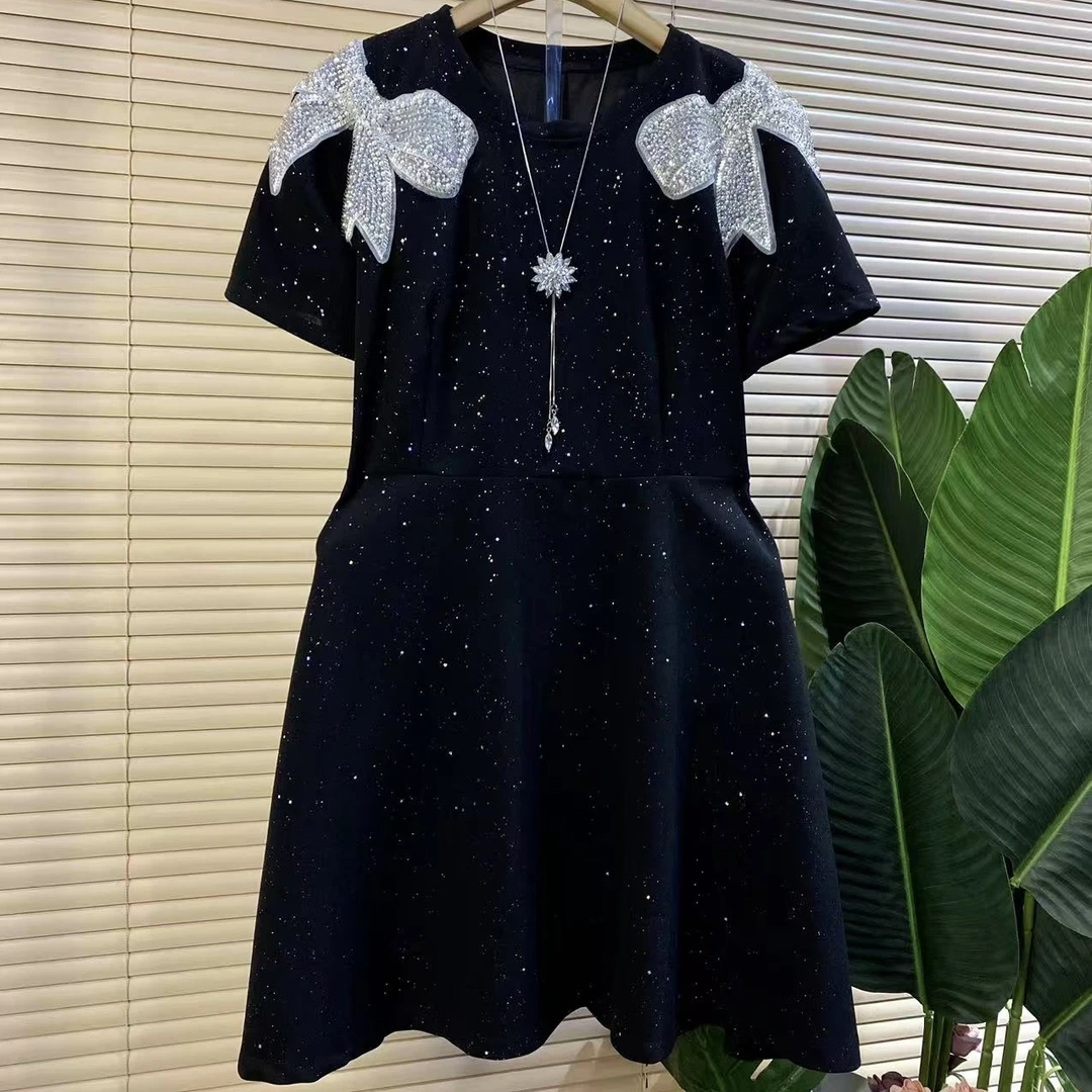 D欧货时尚新款重工蝴蝶结拼接洋气显瘦连衣裙