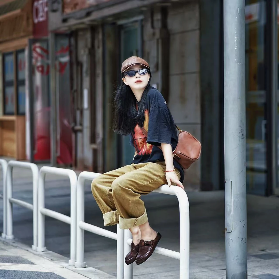 West impression西部马皮包头拖鞋女皮底懒人半拖博肯鞋拖鞋02026