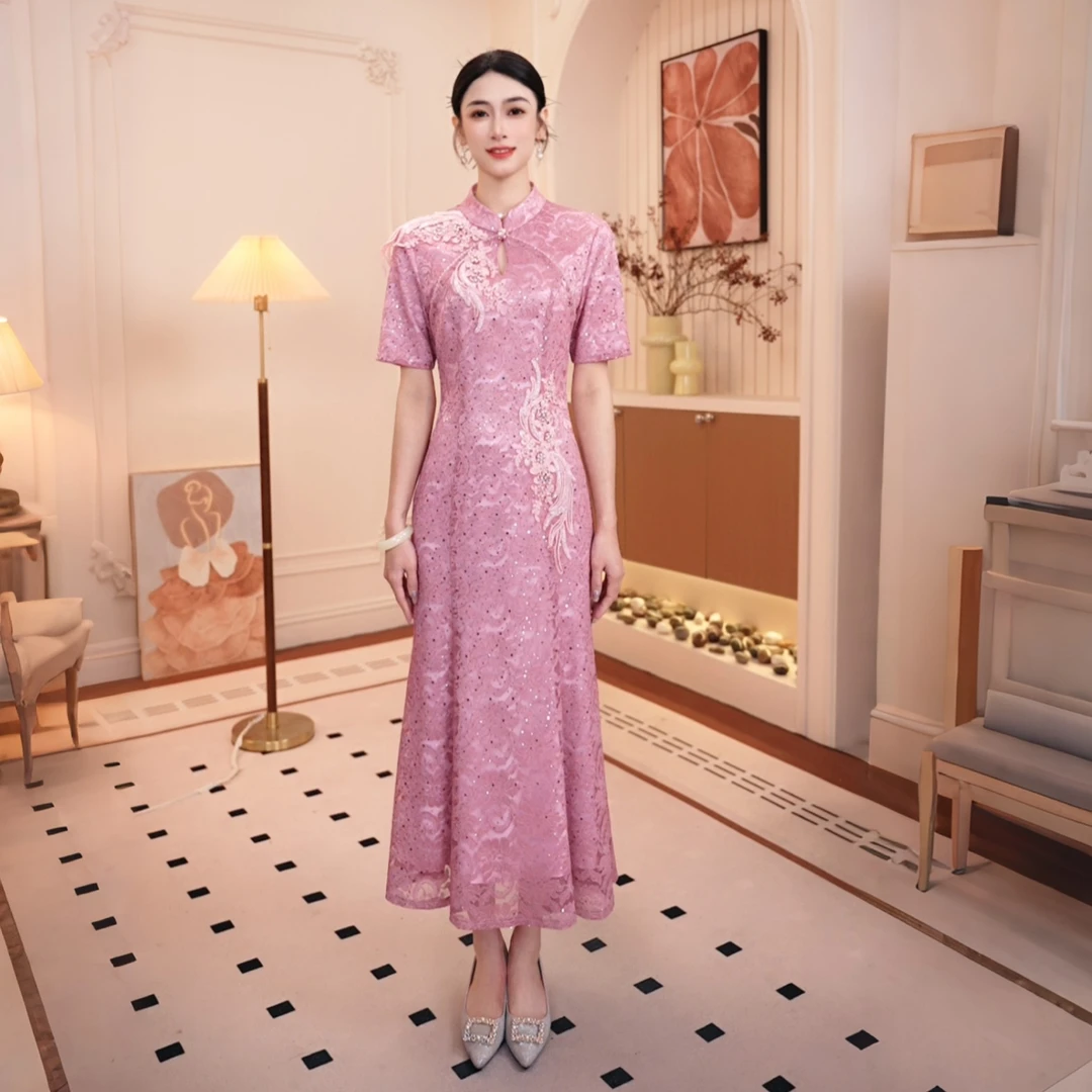 新款夏季喜婆婆妈妈婚宴装礼服宴会立领优雅旗袍修身蕾丝国风时尚