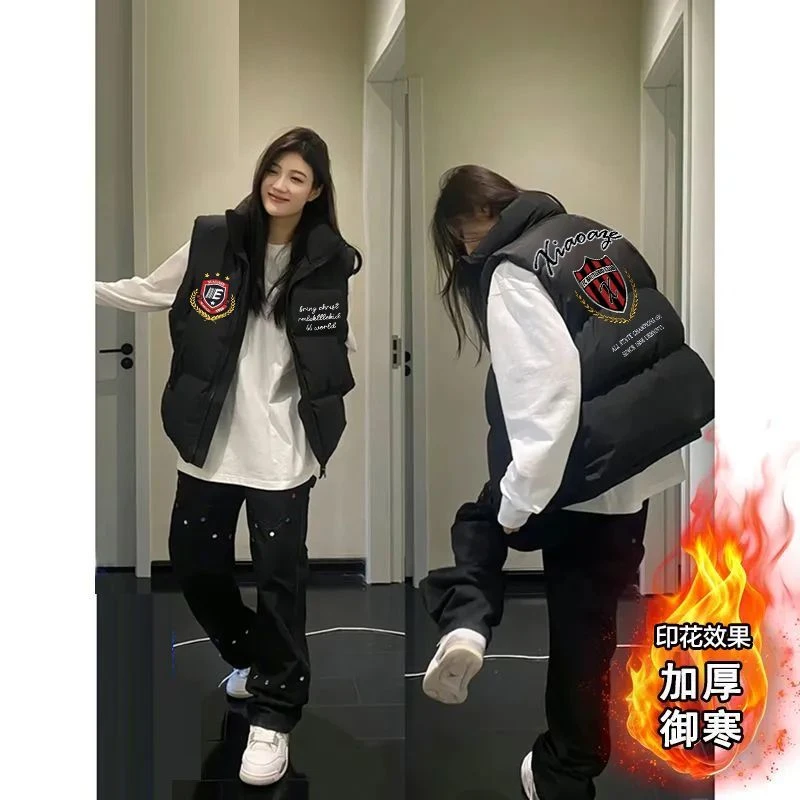 国潮时尚印花立领加绒棉衣马甲保暖秋冬加厚女情侣百搭叠穿外套