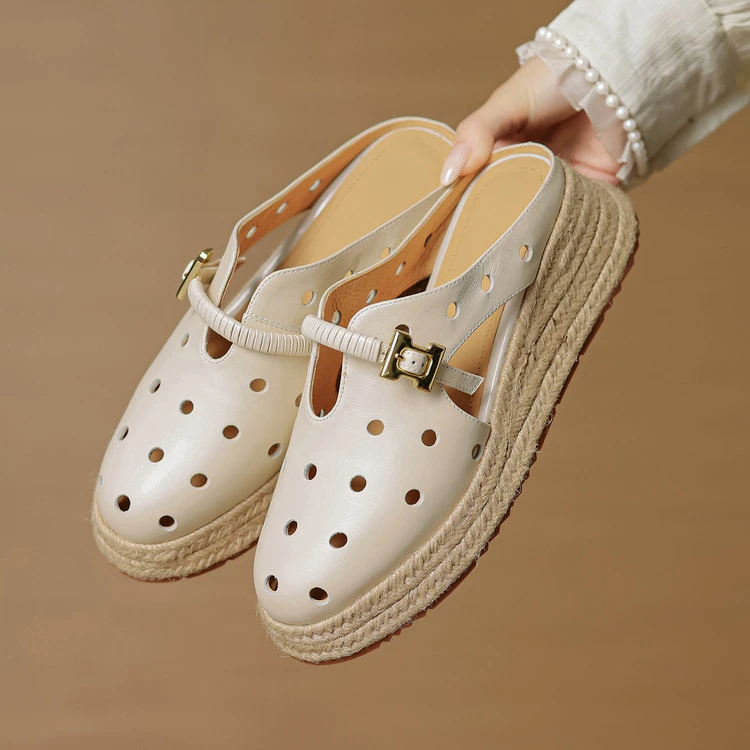 头层牛皮5cm～法式镂空舒适一脚蹬厚底包头拖鞋夏季新款玛丽珍时尚