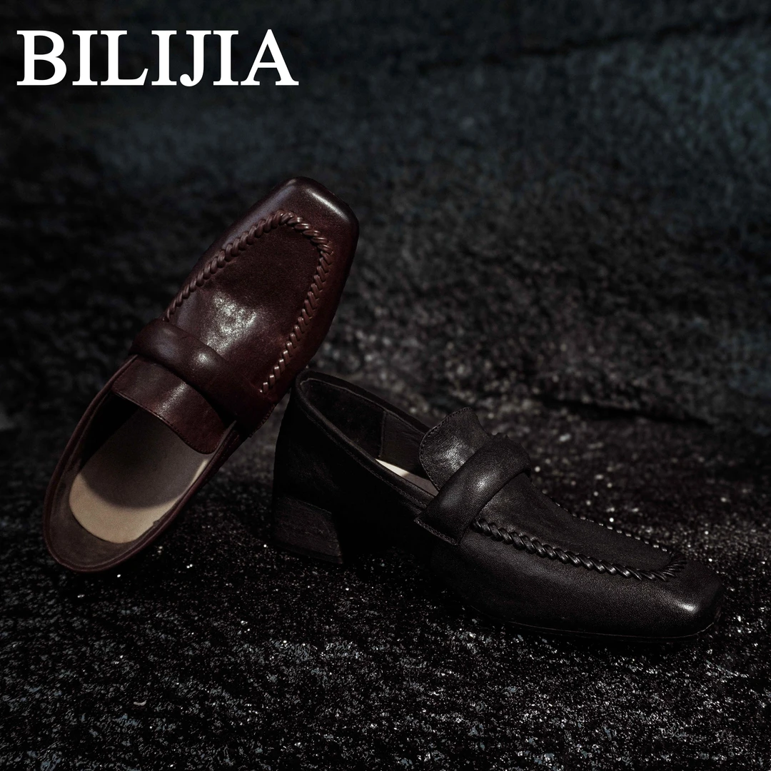 【BILIJIA】编织水洗牛皮乐福鞋女鞋粗跟柔软舒适百搭小皮鞋BLD032