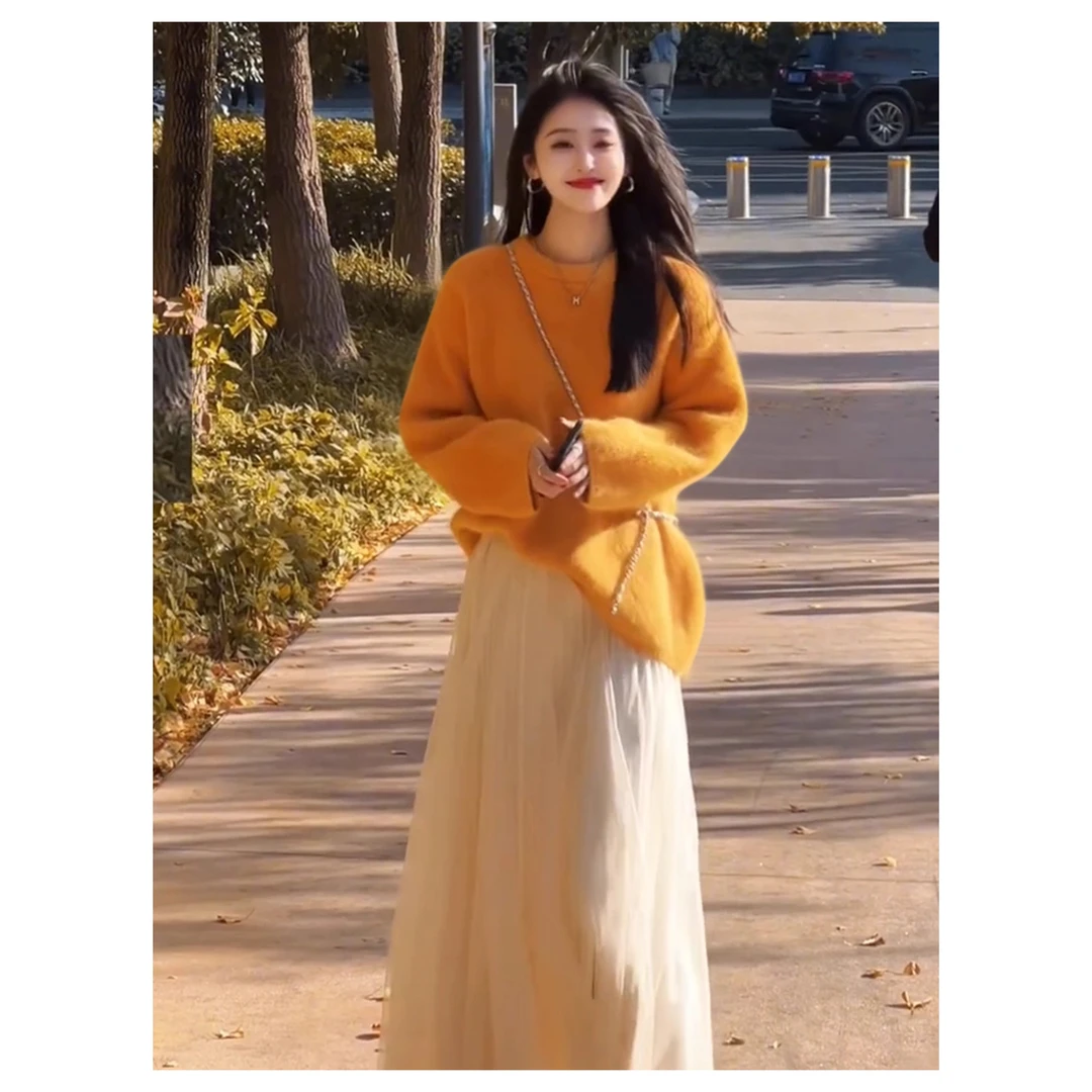 2026超火穿搭一整套独特漂亮高级感韩系橘黄色毛衣女秋冬套装长裙