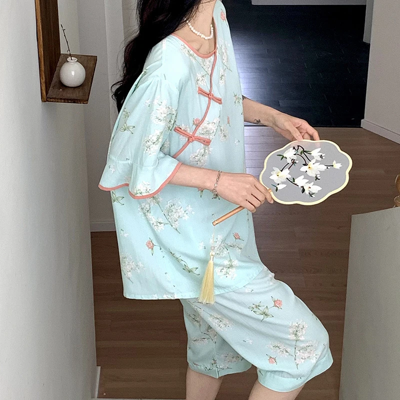 长袖套装爆款三件套胸垫居家睡衣夏凉短袖中裤女夏季家居服穿人