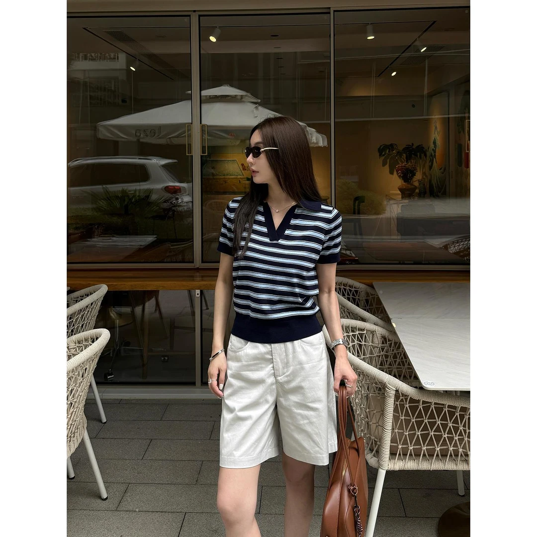 王智妍 设计感条纹polo衫针织短袖t恤女夏季显瘦百搭休闲 翻领上
