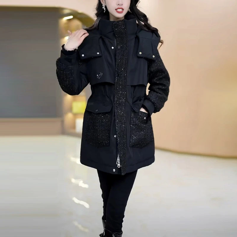 加绒加厚保暖派克服2024冬季新款黑色显瘦中长款连帽收腰显瘦外套