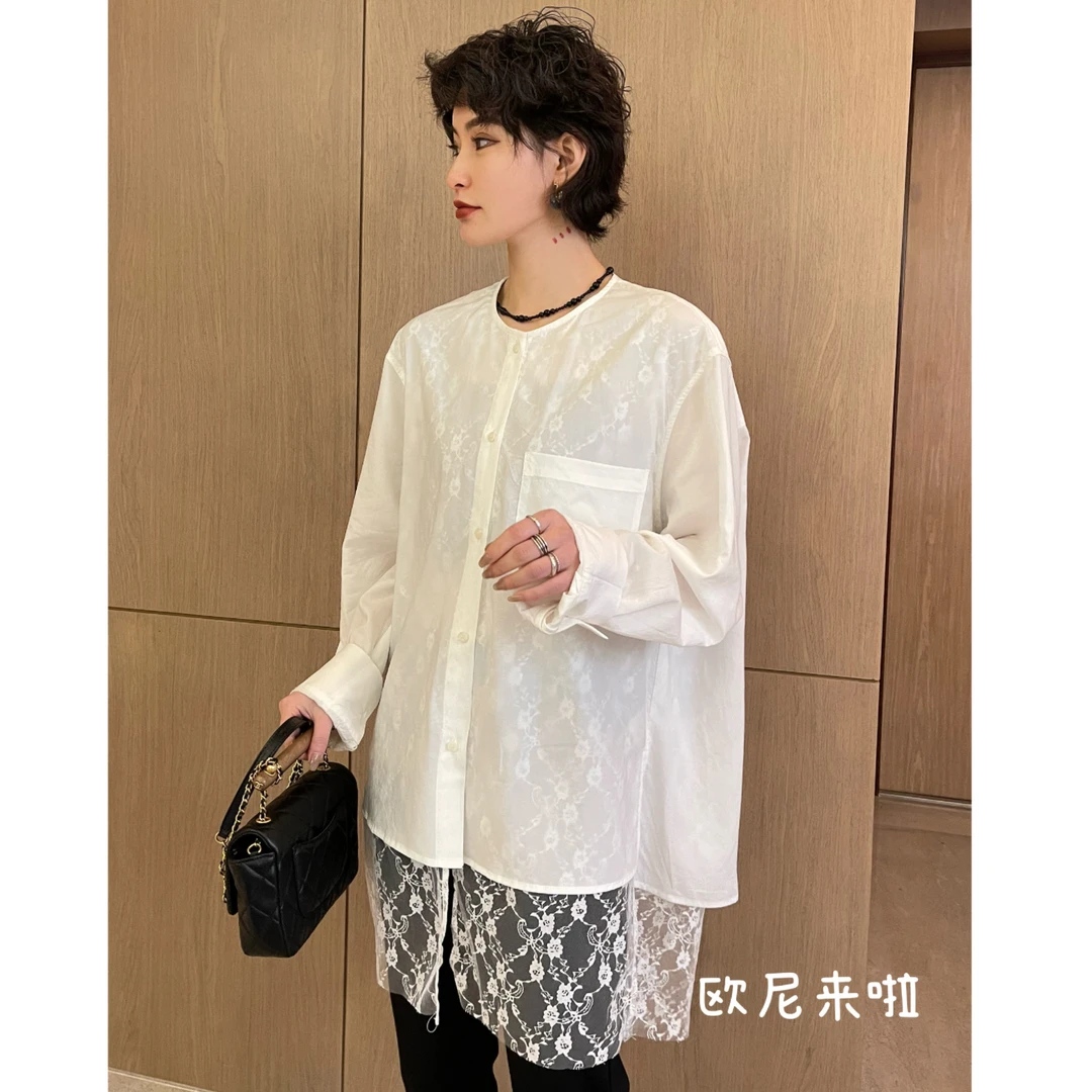欧尼家【一帘幽梦】设计师款衬衫蕾丝拼接长袖时尚百搭休闲CS5602N