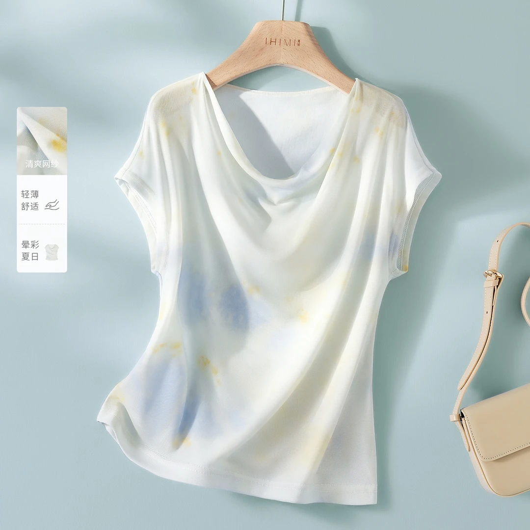 IHIMI/海谧2025夏季新款女装简约洋气百搭设计感连袖印花T恤上衣
