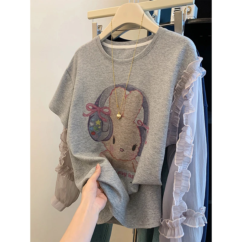 高级设计感网纱拼接泡泡袖t恤女2025夏季新款小个子独特正肩上衣