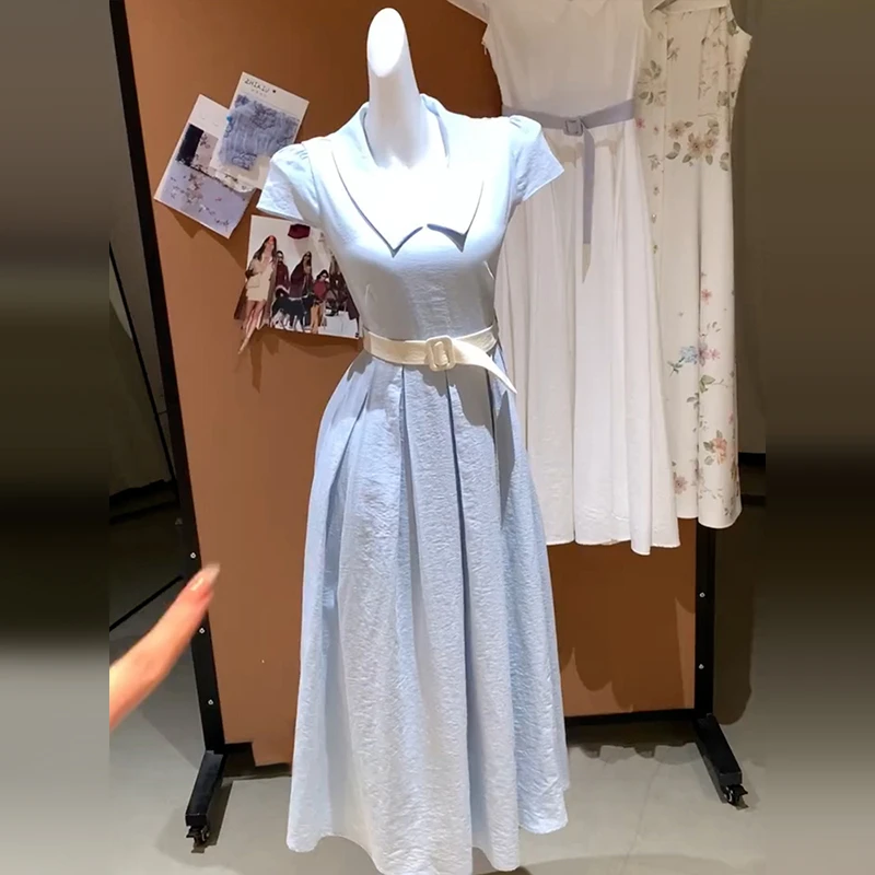 3570法式学院风蓝色连衣裙子女夏季2025新款气质绝美通勤穿搭长裙