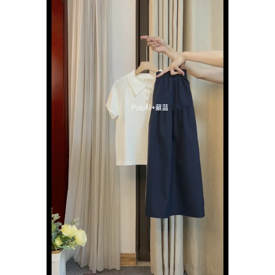 藏青色松紧腰防走光半身裙夏季新款休闲宽松高腰显瘦百搭A字中裙