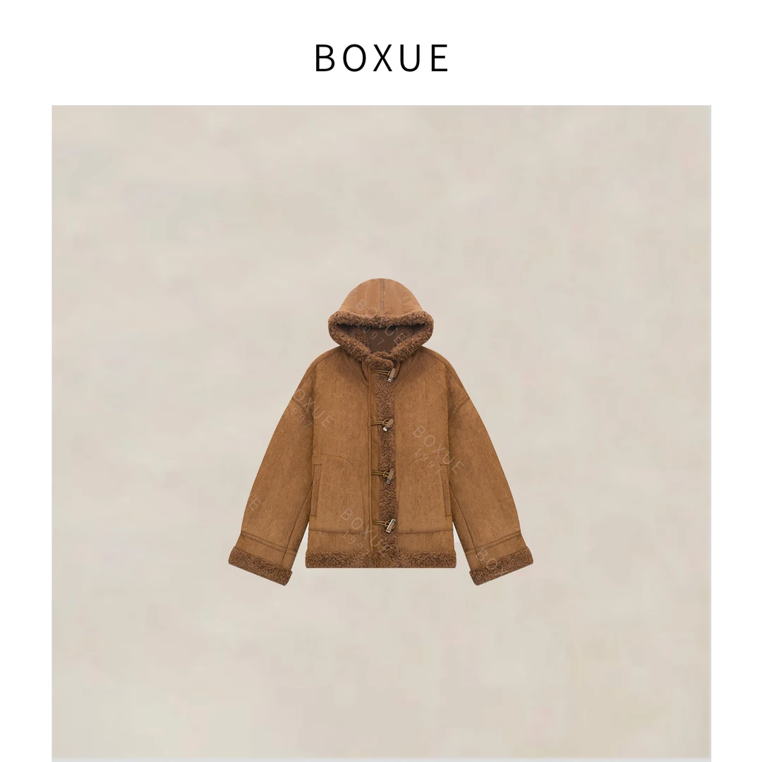 BOXUE  冬季新款高级100绵羊毛带帽 外套#240926W714
