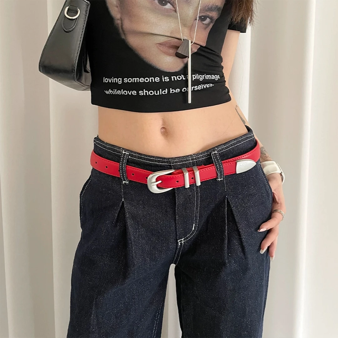 时尚韩版百搭真皮腰带女配裙子牛仔裤红色皮带简约高级感收腰配饰