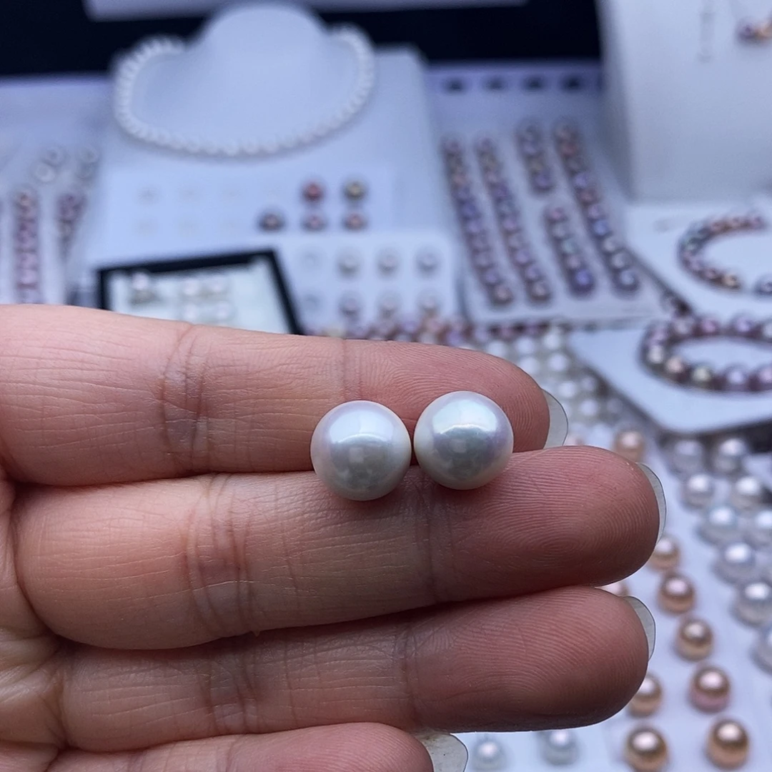 银S925镶嵌淡水珍珠耳饰10.5mm耳钉