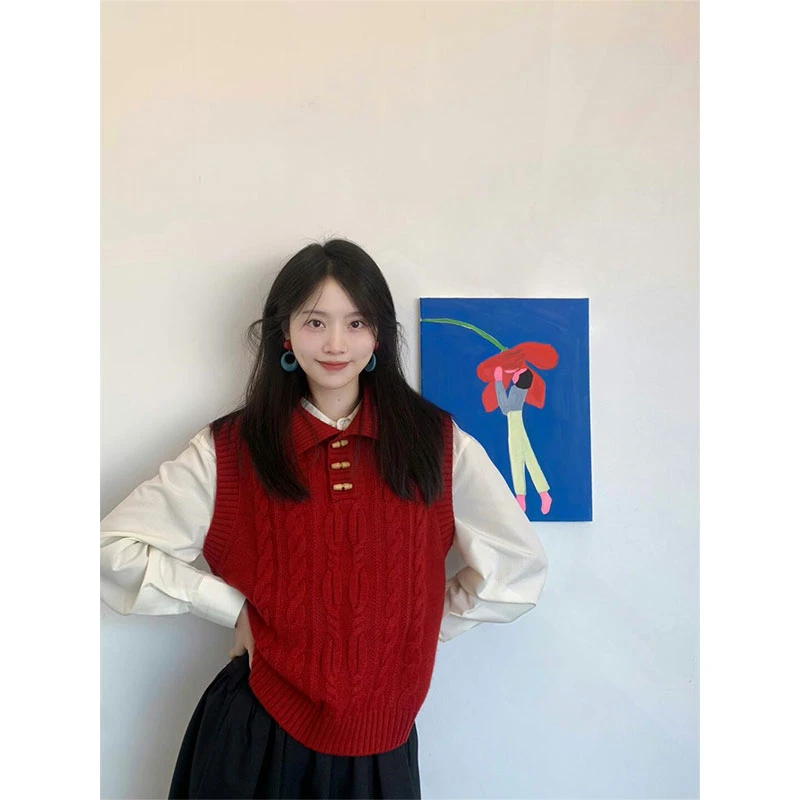 【现货直发】韩版复古风无袖牛角扣针织马甲叠穿白色牛仔衬衫两件套