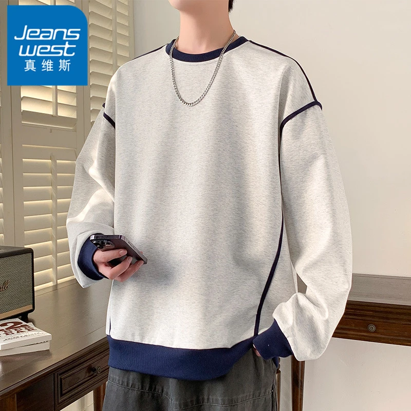 真维斯美式拼接圆领卫衣男士春秋季潮流痞帅休闲长袖t恤宽松衣服