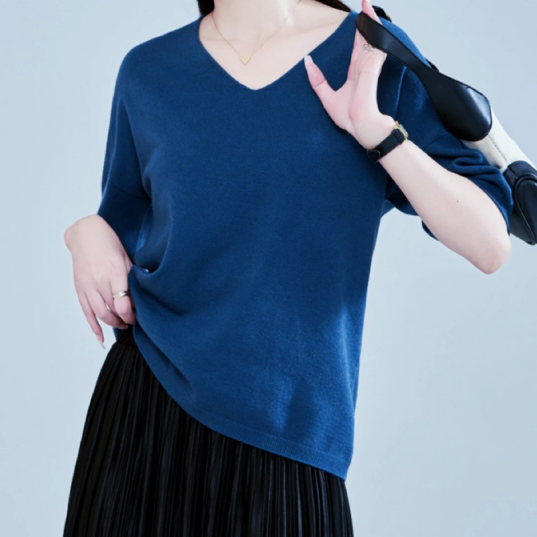 8016v领套头亲肤短袖T恤针织衫宽松上衣