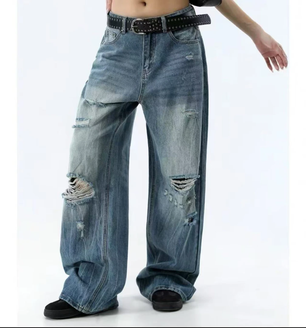 美式高街水洗微喇叭破洞牛仔裤男女宽松阔腿裤直筒垂坠感长裤