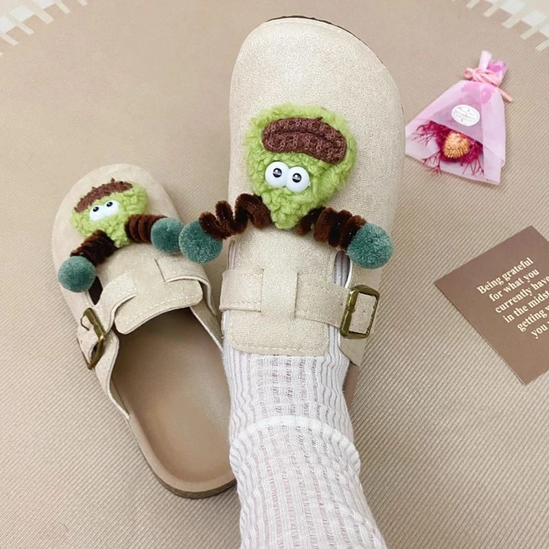 卡通懒人豆豆鞋包头半拖鞋女外穿秋冬季新款厚底穆勒勃肯鞋居家用