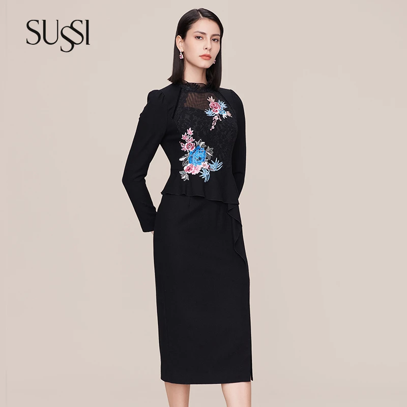 SUSSI/古色25春夏商场同款黑色高级感刺绣长袖连衣裙女