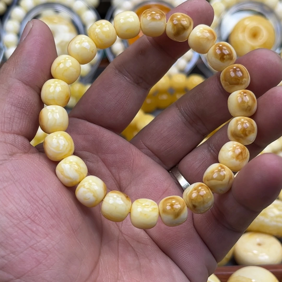 琥珀未镶嵌手串同料焦皮奶黄橘沁色10mm