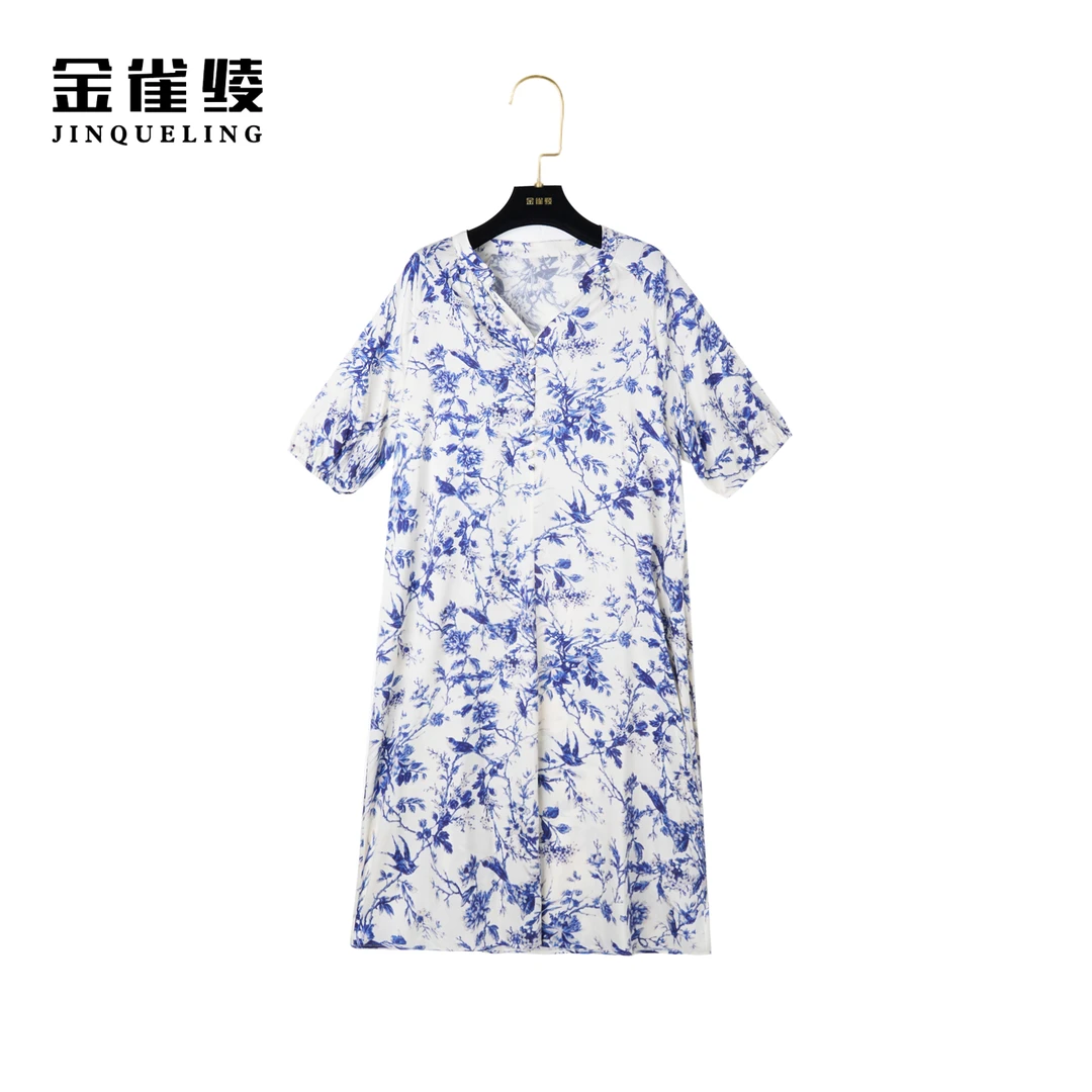 金雀绫【燕儿飞】桑蚕丝真丝新款印花新中式气质女装连衣裙AL6055